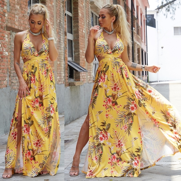 Harmony In Nature Dresses & Skirts - Harmony In Nature Yellow Floral Halter Maxi Dress